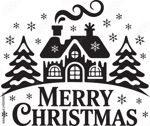 Whimsical silhouette of a snow covered gingerbread house surrounded by pine trees with smoke rising from the chimney celebrating christmas