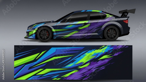 Custom car wrap design with abstract geometric shapes in vibrant colors.