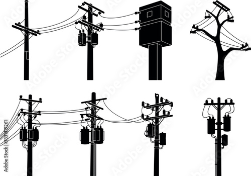flavector silhouette set of utility poles and transformers for electrical distribution infrastructure design