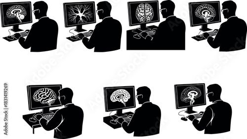 flavector silhouette of person analyzing anatomical brain scan on computer monitor