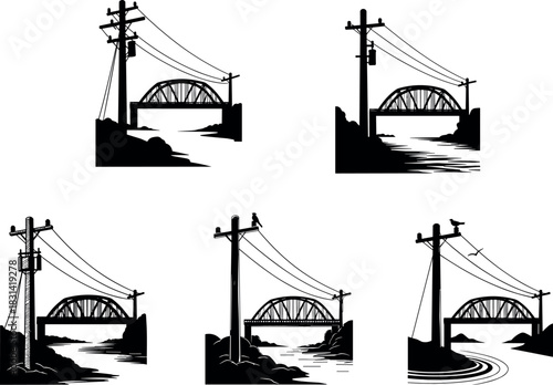 flavector silhouette scenes of bridges and utility poles with power lines and varied foreground elements