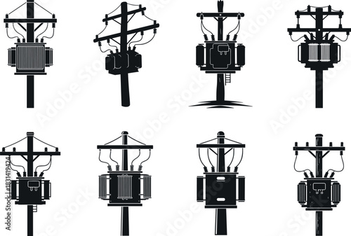 flavector silhouettes of pole-mounted electrical transformers for power distribution and infrastructure visualization