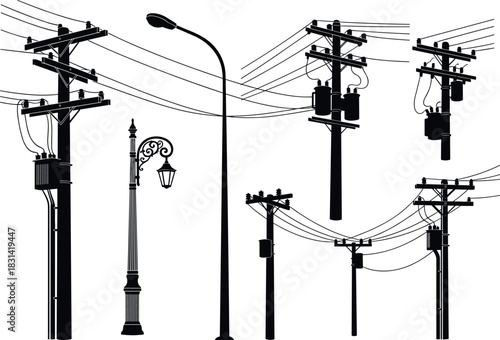 flavector silhouettes of utility poles and street lamps for urban infrastructure and electrical distribution design