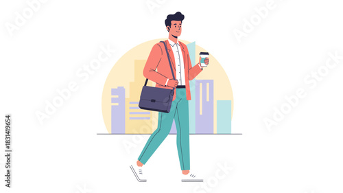 Illustration of a young man walking with a coffee cup and messenger bag in a city setting, depicting a modern urban lifestyle.