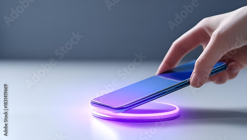 Wireless charging concept with a smartphone and glowing pad, symbolizing modern convenience and innovation.