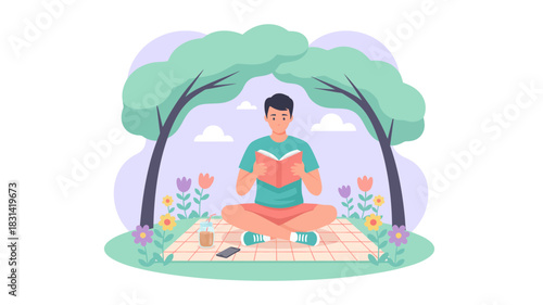 A man sitting on a picnic blanket under two trees, reading a book in a peaceful park setting.