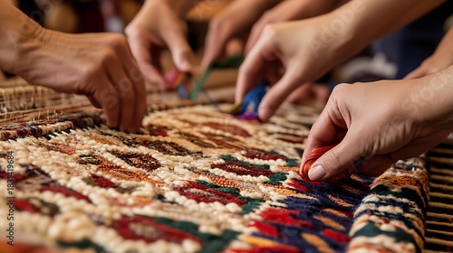 Hands delicately weaving a colorful rug. The intricate patterns and textures create a warm and inviting feel, showcasing the artistry and skill of the weavers.