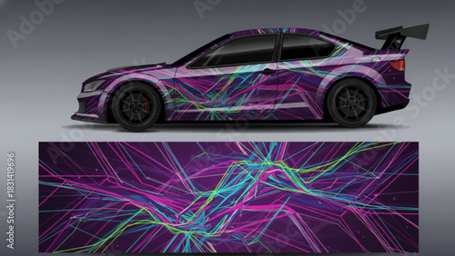 Custom car wrap design with abstract geometric shapes in vibrant colors.