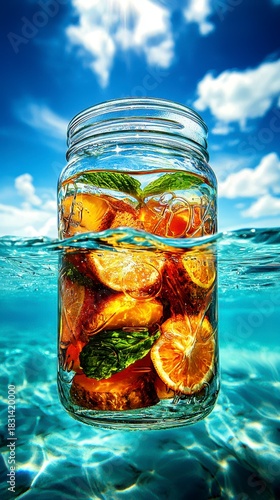 Refreshing citrus infusion in glass jar tropical ocean setting underwater photography vibrant colors summer vibes