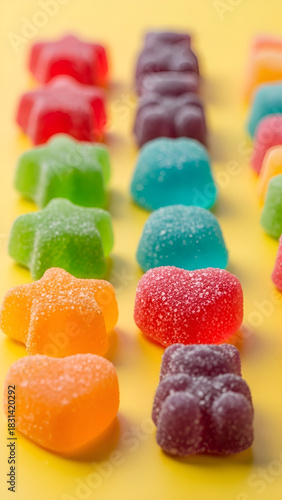 Displays colorful gummy candies with various shapes on yellow background. Suitable for candy shop websites, party decor, sweetthemed designs.