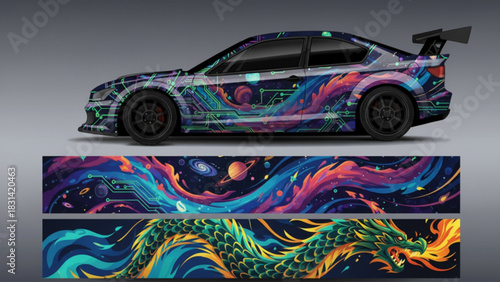 Custom car wrap design with abstract geometric shapes in vibrant colors.