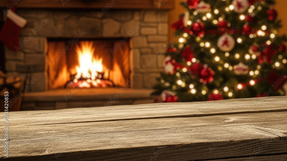 Fototapeta premium Cozy Christmas Scene with Fireplace and Decorated Tree.