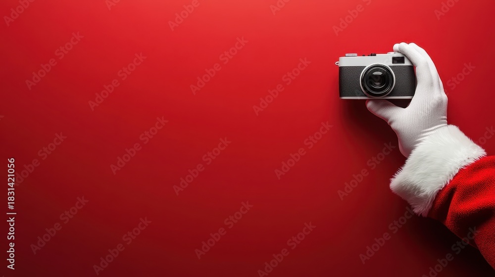 Obraz premium Creative Photography with Santa Hat and Camera on Red Background