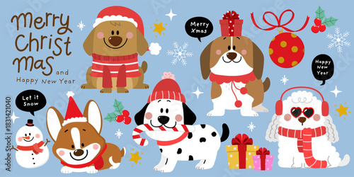 Merry Christmas and happy new year with cute puppy and dog in winter costumes. Animal holidays cartoon characters. -Vector