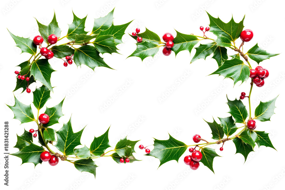 Fototapeta premium Premium Photo of Fresh green holly leaves with bright red berries - christmas concept