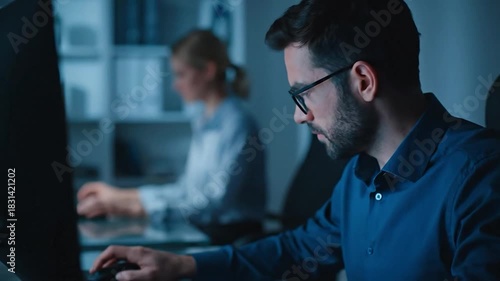 Man in glasses works at computer, blurred woman in background in office