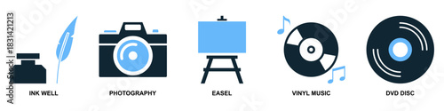 Set Entertainment Icon Vector Ideal for media interfaces, leisure apps, and arts promotion graphics. Symbolizes fun, culture, performance, and digital media.