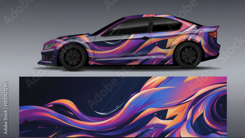 A modern car with a vibrant abstract graphic wrap design featuring flowing purple, blue, and orange shapes.