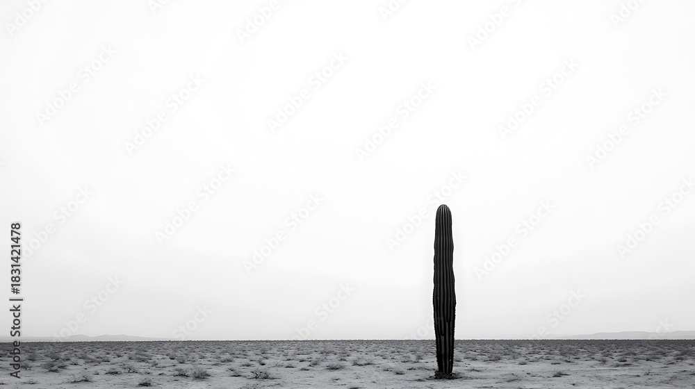 Fototapeta premium Monochromatic desert landscape featuring a solitary, textured cactus rising tall against a vast, bright sky, conveying a sense of quiet resilience. Stark desert scene.