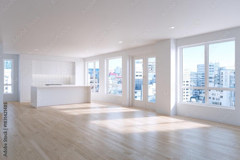 Obraz premium Spacious, bright, modern interior with light wood floors, white walls, and city views