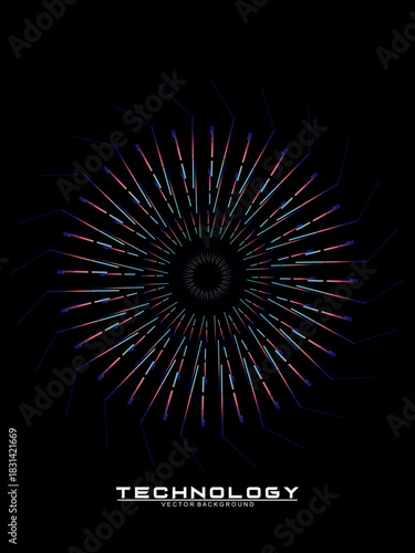 Music poster design background. Electro Sound Cover Template with dynamic abstract gradient circular geometric line shapes for t-shirt screen printing, technology, digital, party, festival and club.