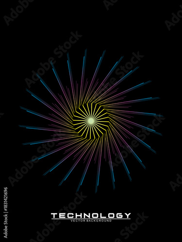 Music poster design background. Electro Sound Cover Template with dynamic abstract gradient circular geometric line shapes for t-shirt screen printing, technology, digital, party, festival and club.