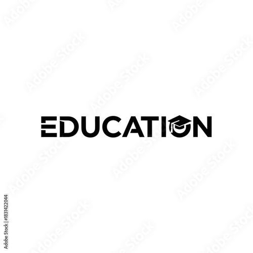 Black typography of the word education with a graduation cap replacing the letter i