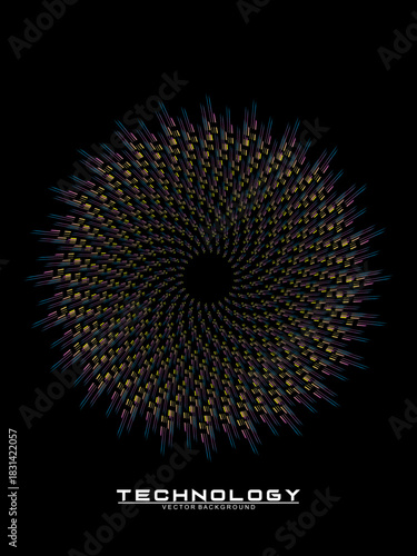 Music poster design background. Electro Sound Cover Template with dynamic abstract gradient circular geometric line shapes for t-shirt screen printing, technology, digital, party, festival and club.