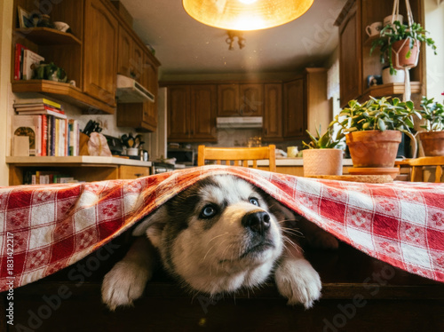 Chiot husky caché sous une nappe à carreaux dans une cuisine rustique chaleureuse, regard curieux