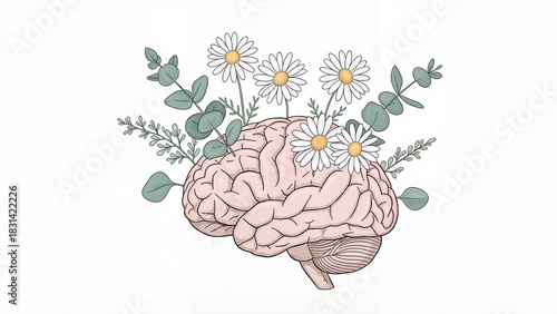 Hand-drawn brain with daisies and eucalyptus leaves sprouting from folds, delicate illustration, soft pastel tones, light botanical detail, calm artistic feel