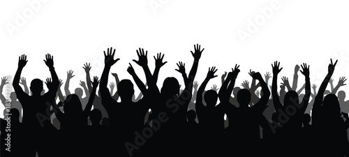 Cheering crowd silhouette with raised hands. Group of people dancing at a party, fans at a music concert, or protesters vector background.