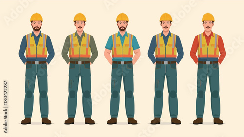 A vector illustration depicts five construction workers, each wearing a safety vest and hard hat, ready for their construction tasks.