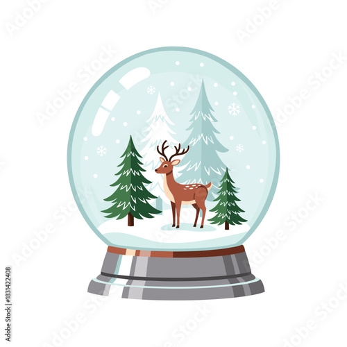 Snow globe with whimsical mood showing a stylized reindeer beside frosted pine trees in a clear glass sphere against a winter vector backdrop