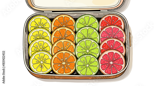 Hand-drawn lunchbox with citrus slices, playful strokes, vivid coloring, vector-style food illustration