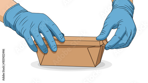 Flat vector takeaway container being sealed by gloved hands, isolated on white, clean minimal illustration