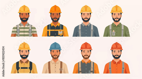 Diverse construction workers wearing safety helmets and workwear, representing various ethnicities, ready for building projects and teamwork.