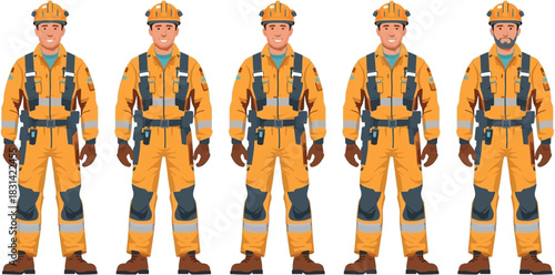 Illustration of a group of construction workers, each wearing safety gear, standing together, showcasing different facial hair styles and expressions.