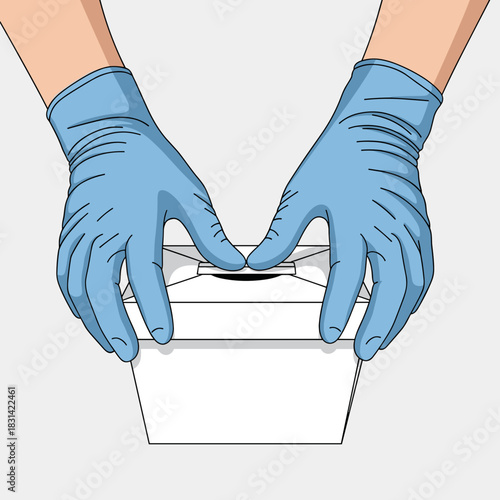 Gloved hands with neutral mood closing a takeaway box in clean vector illustration 