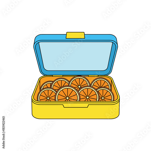 Open lunchbox with orange slices, vector illustration, bright flat colors, crisp outlines