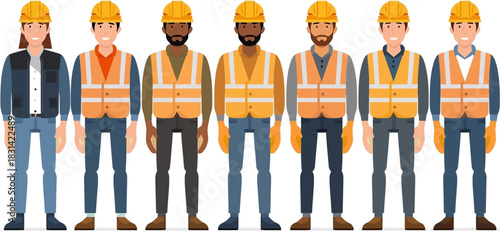 A diverse group of construction workers, wearing safety vests and hard hats, stand together, ready for their construction tasks and projects.