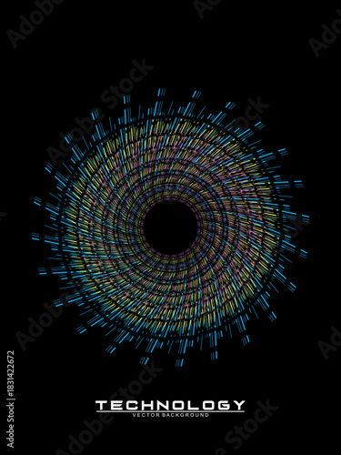 Music poster design background. Electro Sound Cover Template with dynamic abstract gradient circular geometric line shapes for t-shirt screen printing, technology, digital, party, festival and club.