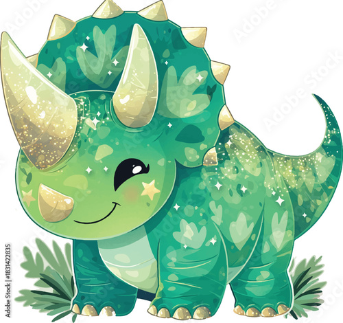 Gentle Triceratops in Green: A cute and friendly Triceratops illustration with bright colors and a charming smile, perfect for inspiring joy and imagination