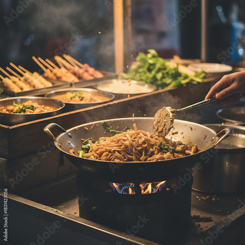 Cooking Thai Street Food Wok Frying Noodles Night
