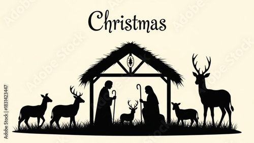Christmas nativity scene silhouette with deer and animals holiday illustration vector image