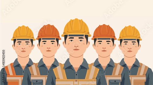 A group of construction workers stand together, wearing safety vests and hard hats, ready for their day's work on the job site.