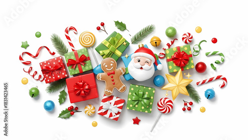 Christmas gifts and decorations flat lay background