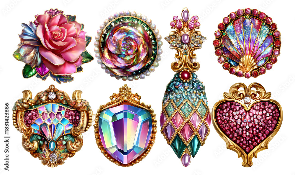 Fototapeta premium Ornate Mosaic Gem Crests Collection Featuring Luxury Jewel Illustrations