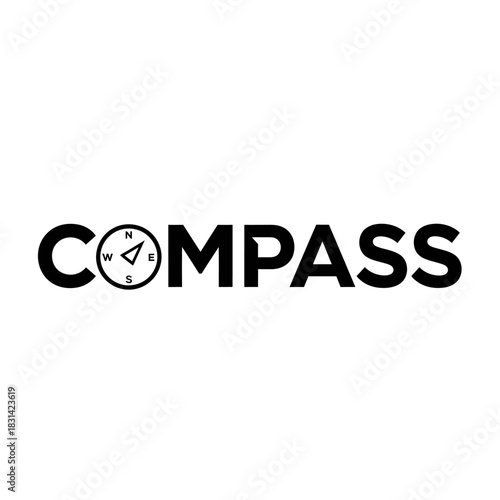 Black and white logo design featuring the word compass with a compass rose replacing the letter o
