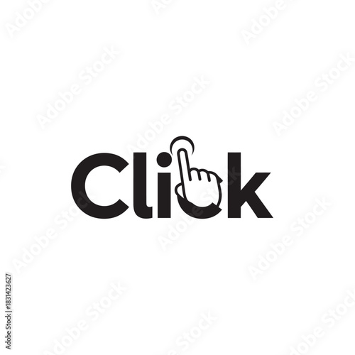 Black and white logo design featuring the word click with a hand cursor icon replacing the letter i