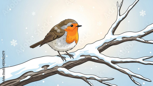 Winter robin bird illustration perched on snowy branch with snowflakes for christmas holiday season drawing